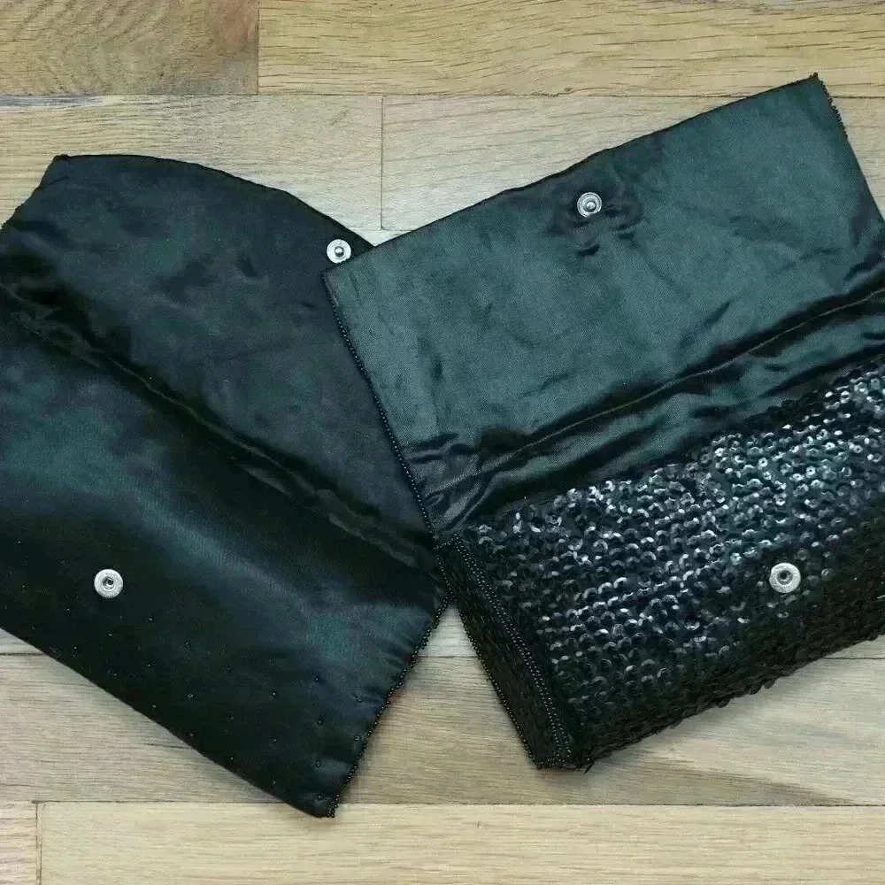 Set of 2 Vintage Black Bead and Sequin Formal Clutches Snap Closure Silky - Picture 7 of 9
